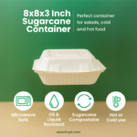 8x8x3 Sugarcane Takeout Containers – 1 Compartment - Image 2