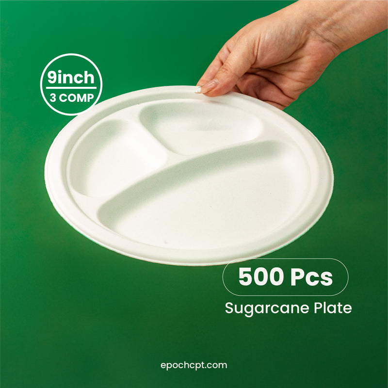 9inch-sugarcane-3-COMPARTMENT-plate-bassage_2x_6e91775c-087a-4204-8735-1ae594ab5c9f.jpg 9 inches | Sugarcane 3-Compartment Bagasse Round Plate | Compostable Disposable Plates | 500 pcs - Image 1